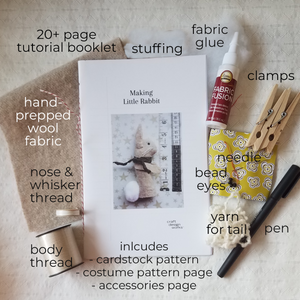 flatlay of kit contents for making 2 rabbit finger puppets, all supplies included